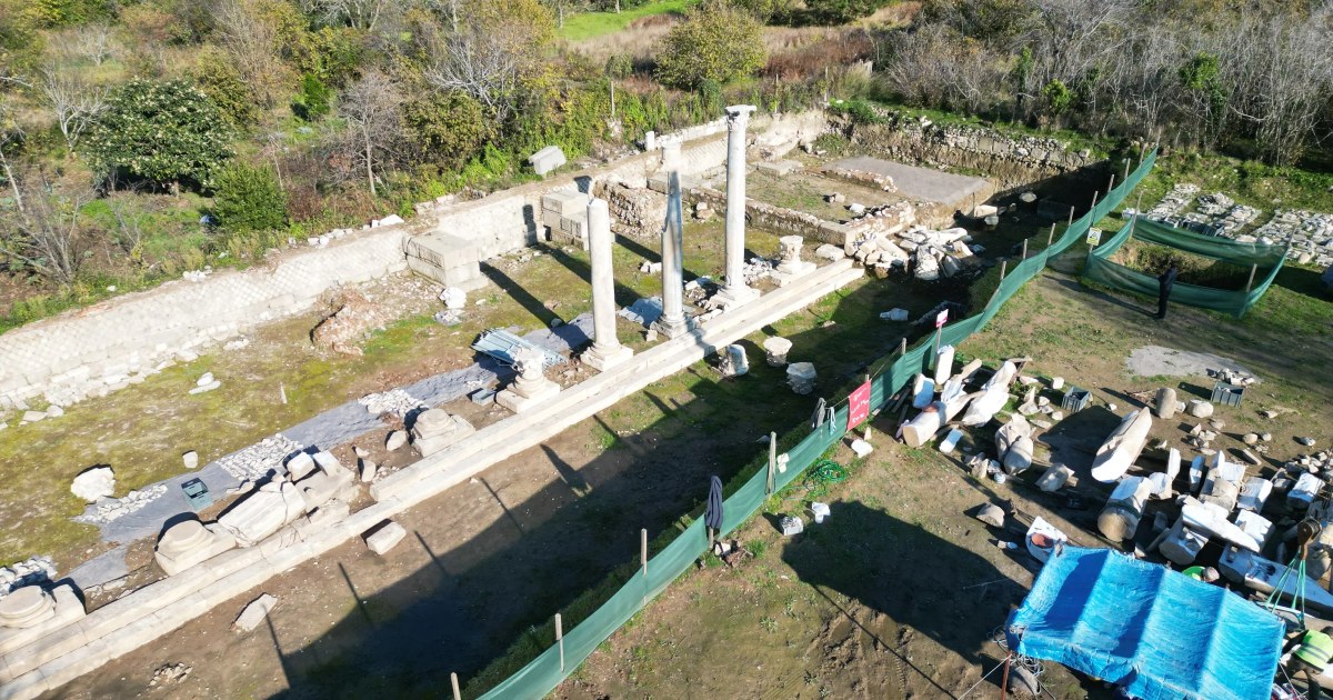 Amastris Antik Kenti'nde Roma dönemine ait sütunlar yerlerine yerleştiriliyor