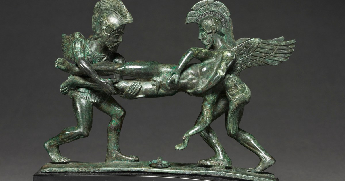 Etrüsk bronz kutu kulpu, İlyada’dan Uyku, Ölüm ve düşen savaşçı sahnesini taşıyor
